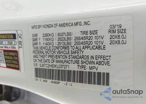 2019 Acura Rdx A-Spec Package из США, поврежденный, VIN 5J8TC2H60KL037271